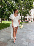 Sheath White Puff Sleeves Short V Neck Wedding Dress