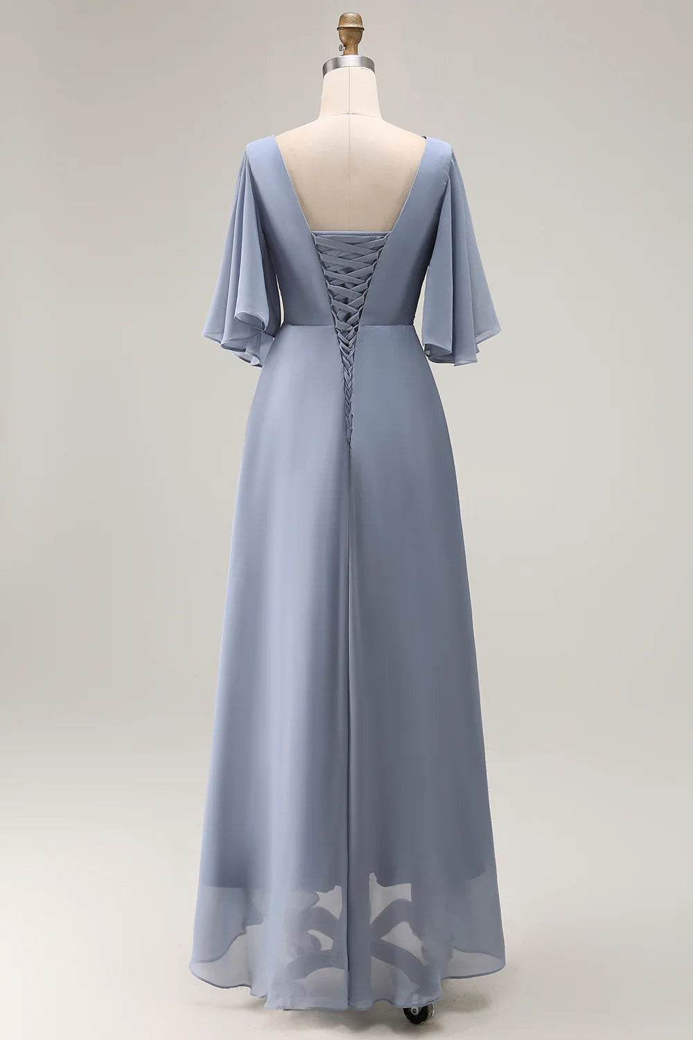 Dusty Blue A Line Chiffon V Neck Ruched Mother Of The Bride Dress with Short Sleeves