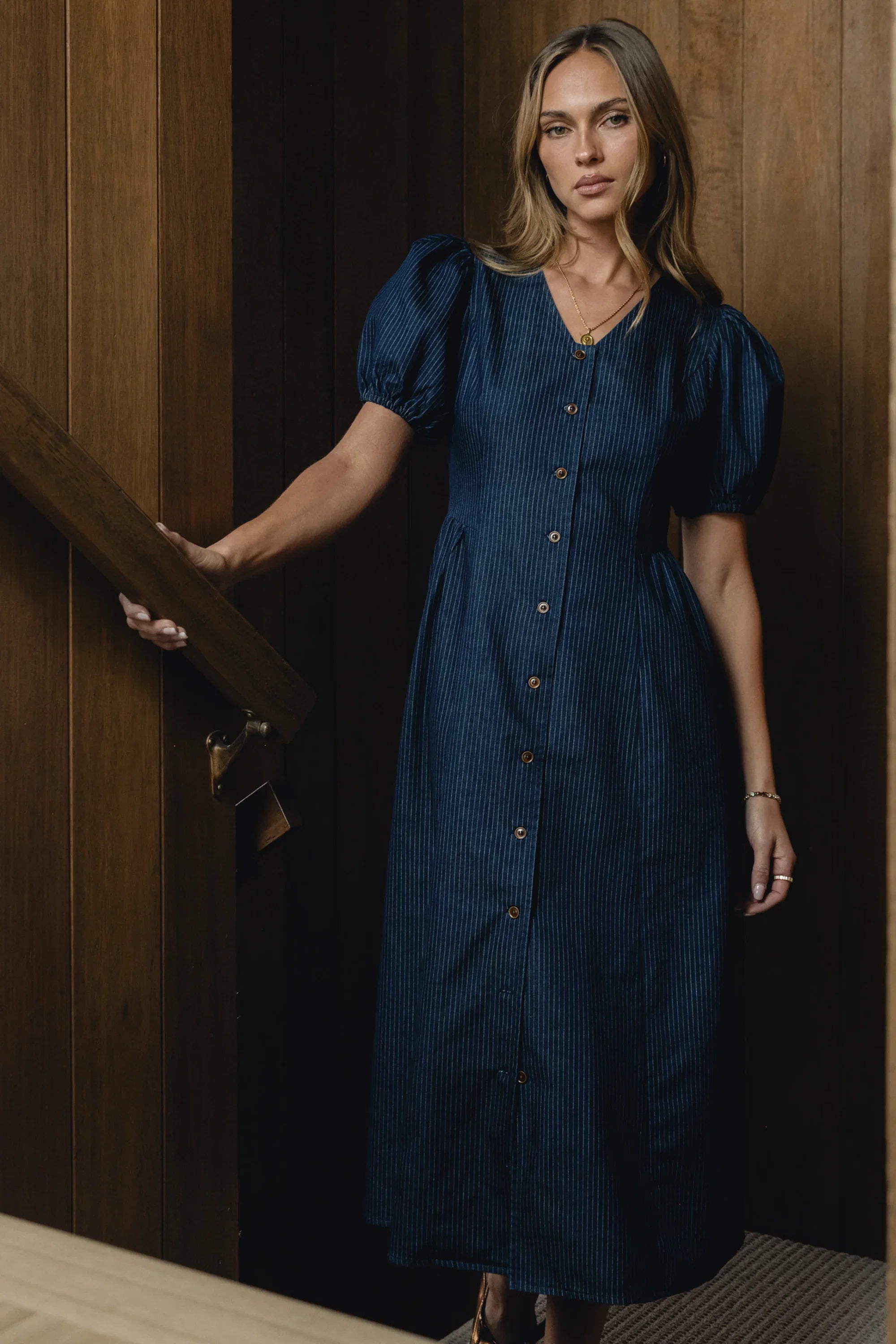 Conley Pinstripe Midi Dress in Medium Wash