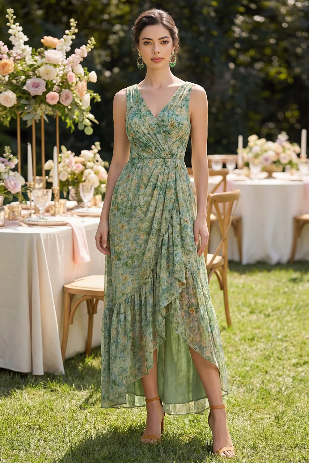 Ruffled Dusty Green Floral V Neck Asymmetrical Wedding Guest Dress