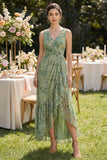 Ruffled Dusty Green Floral V Neck Asymmetrical Wedding Guest Dress