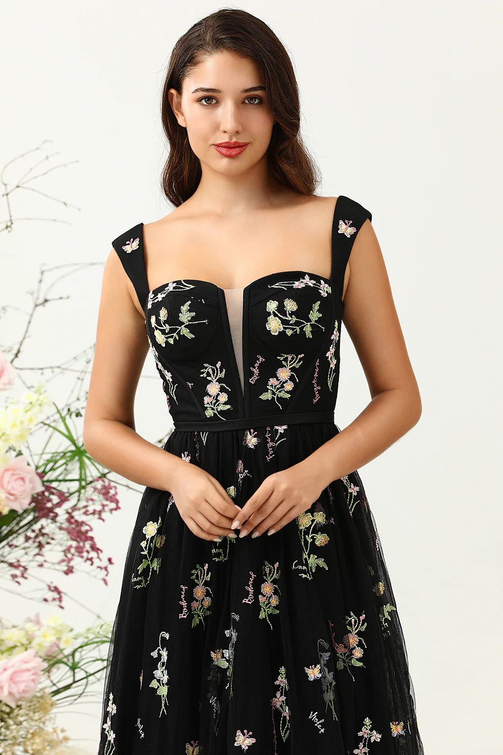 Black A Line Sweetheart Tea Length Wedding Party Dress with Embroidery