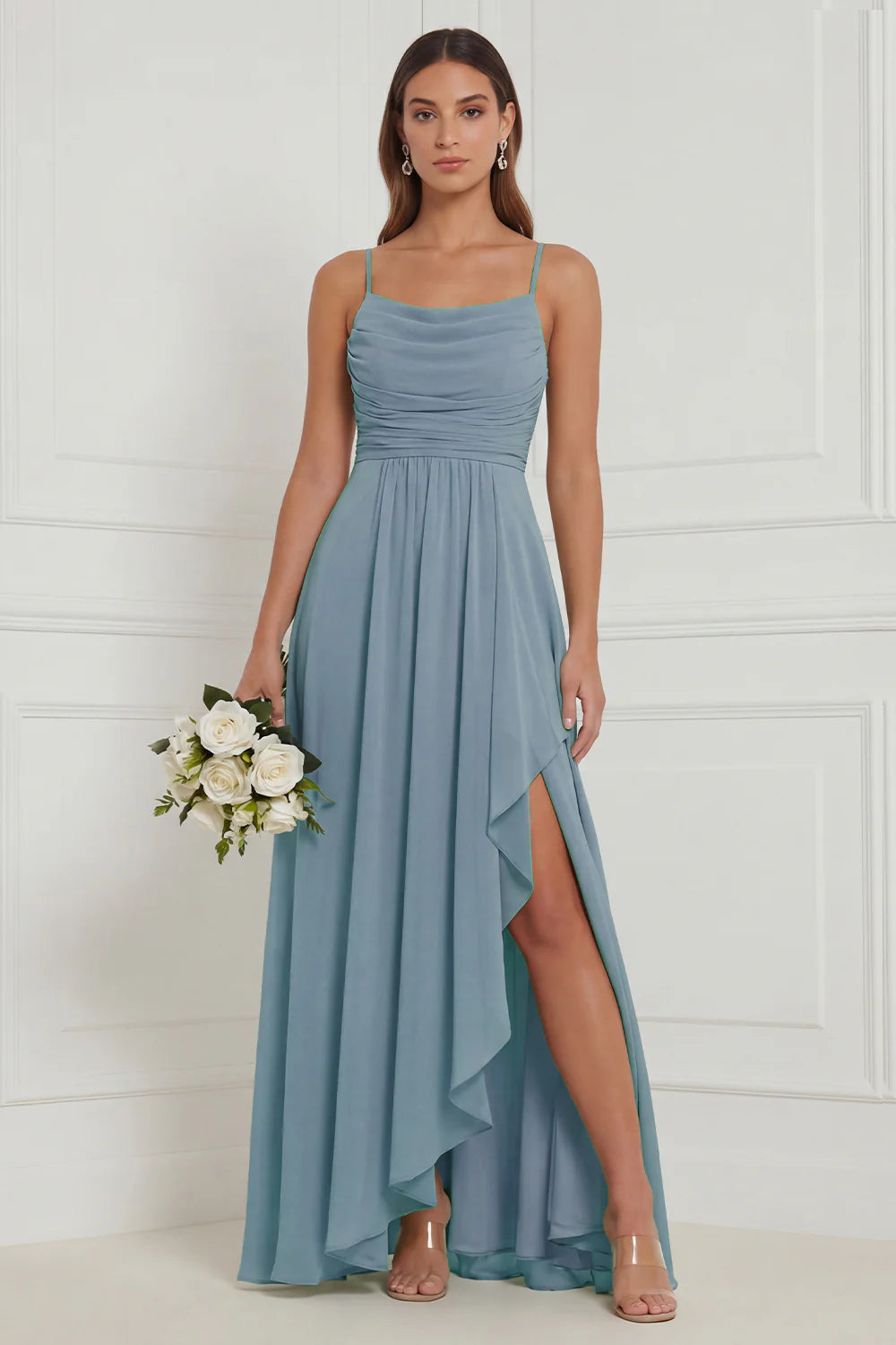 Sage Ruffle A Line Bridesmaid Dress with Slit