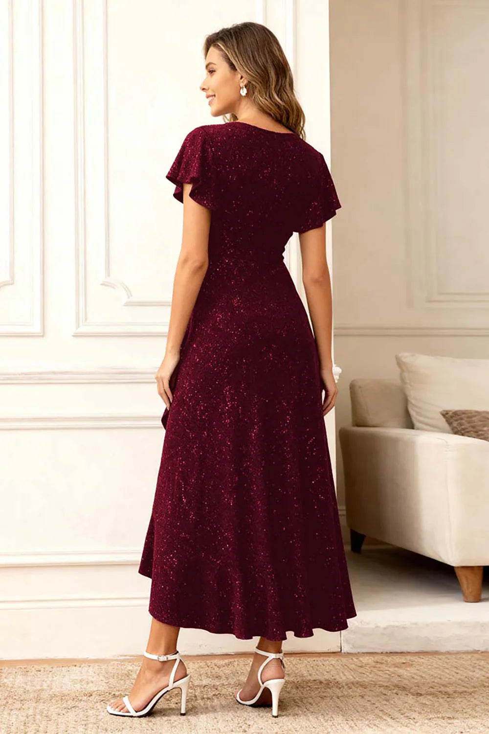 Glitter Black A Line Round Neck Ruffled Holiday Party Dress