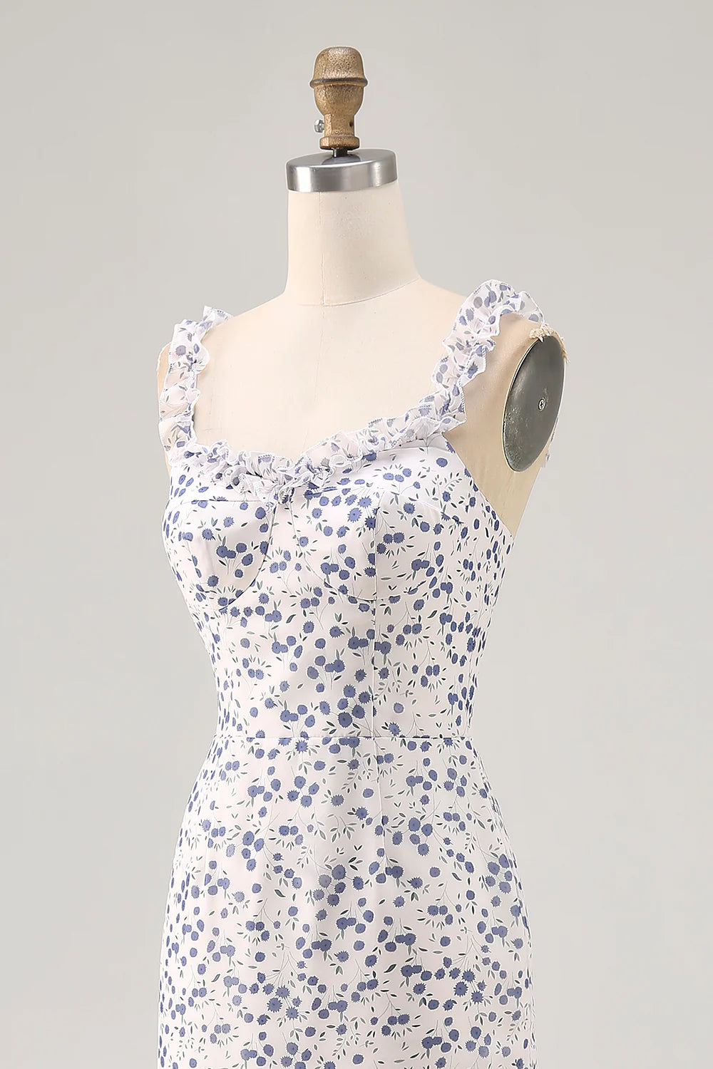Blue Flower Sheath Chiffon Bridesmaid Dress with Ruffled Slit