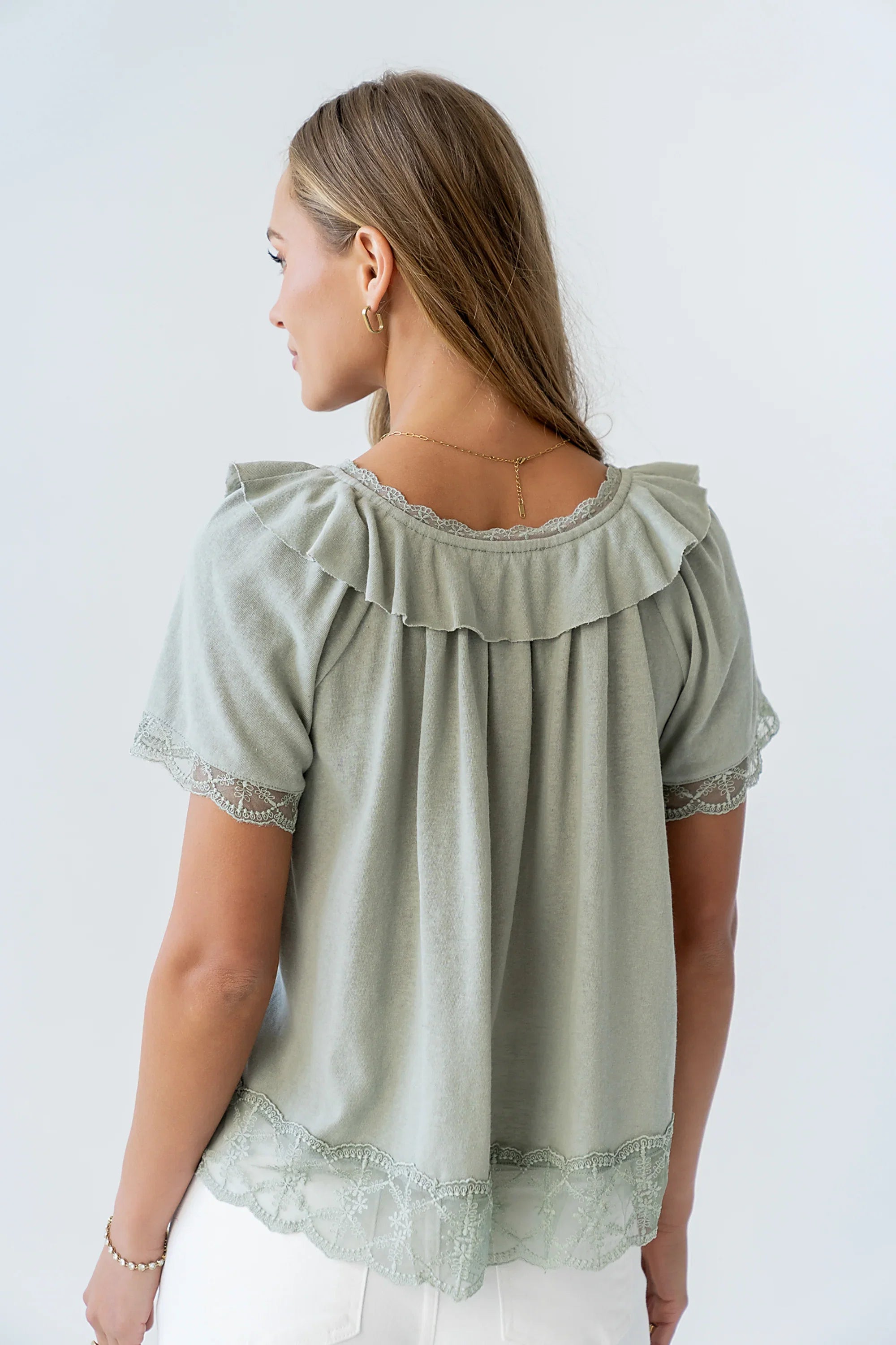 Lilian Lace Trim Top in Sage
