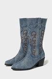 Denim Embroidered Mid Calf Cowboy Boots