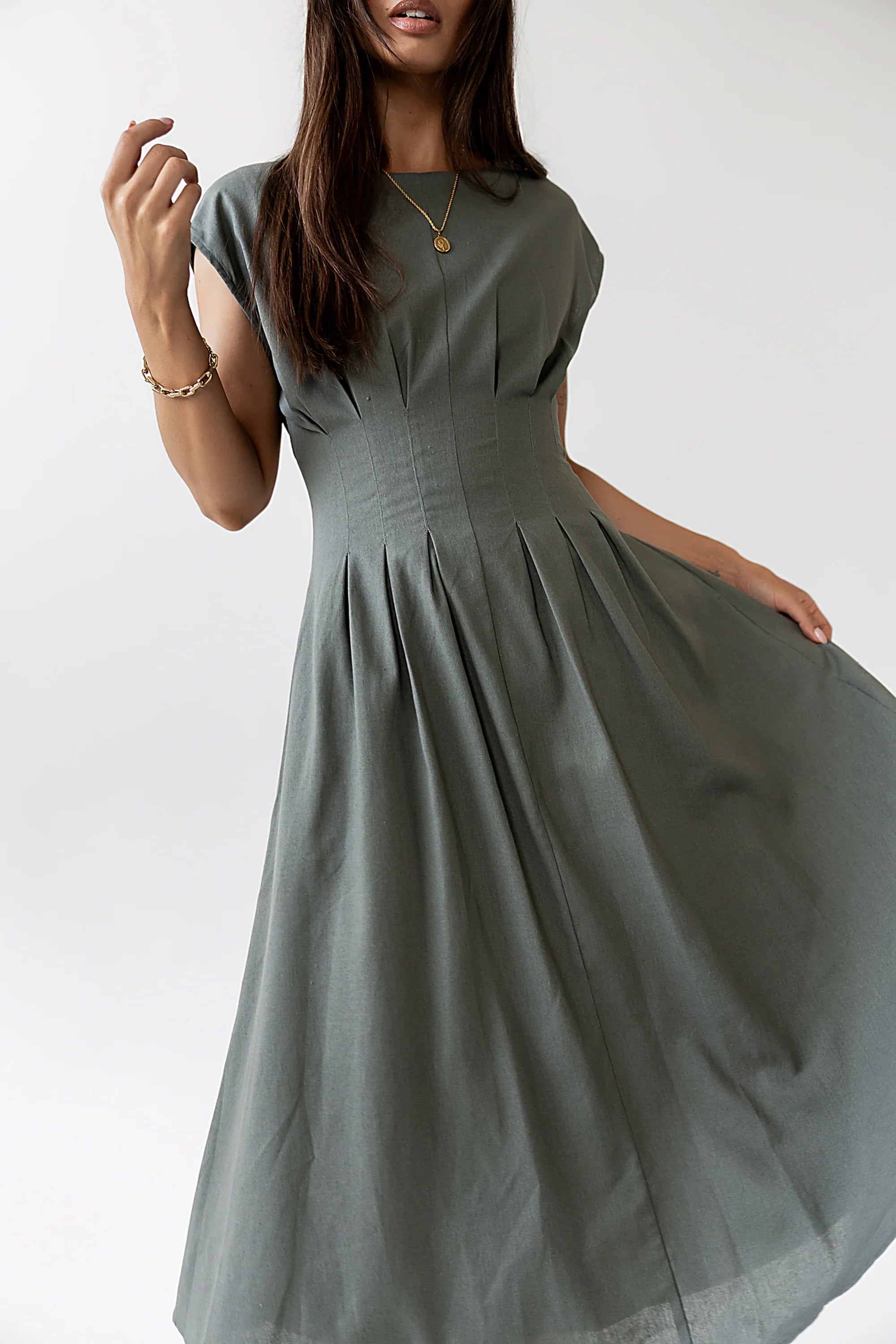 Matilda Pleated Maxi Dress in Olive