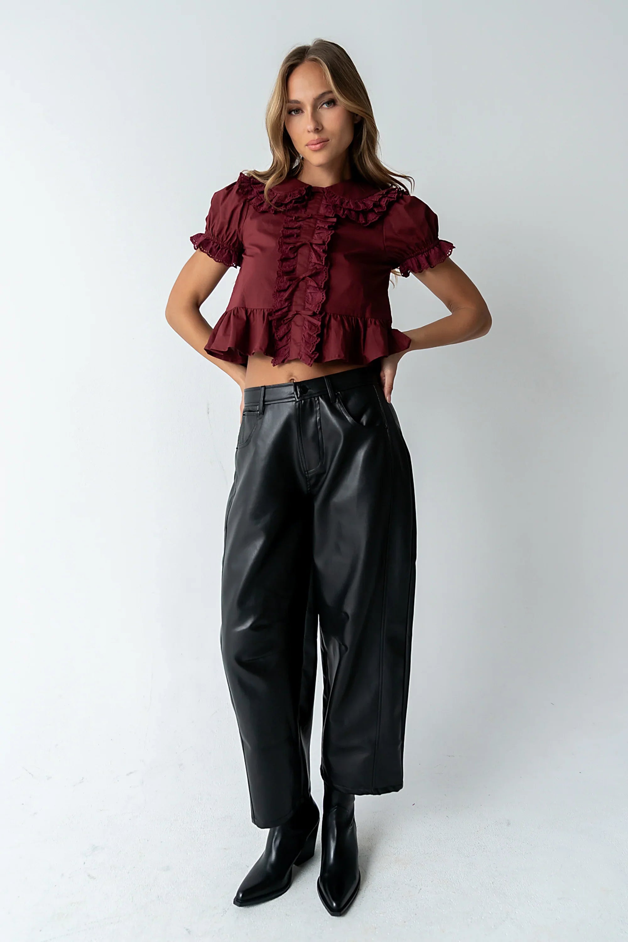 Chrissy Lace Trim Blouse in Burgundy