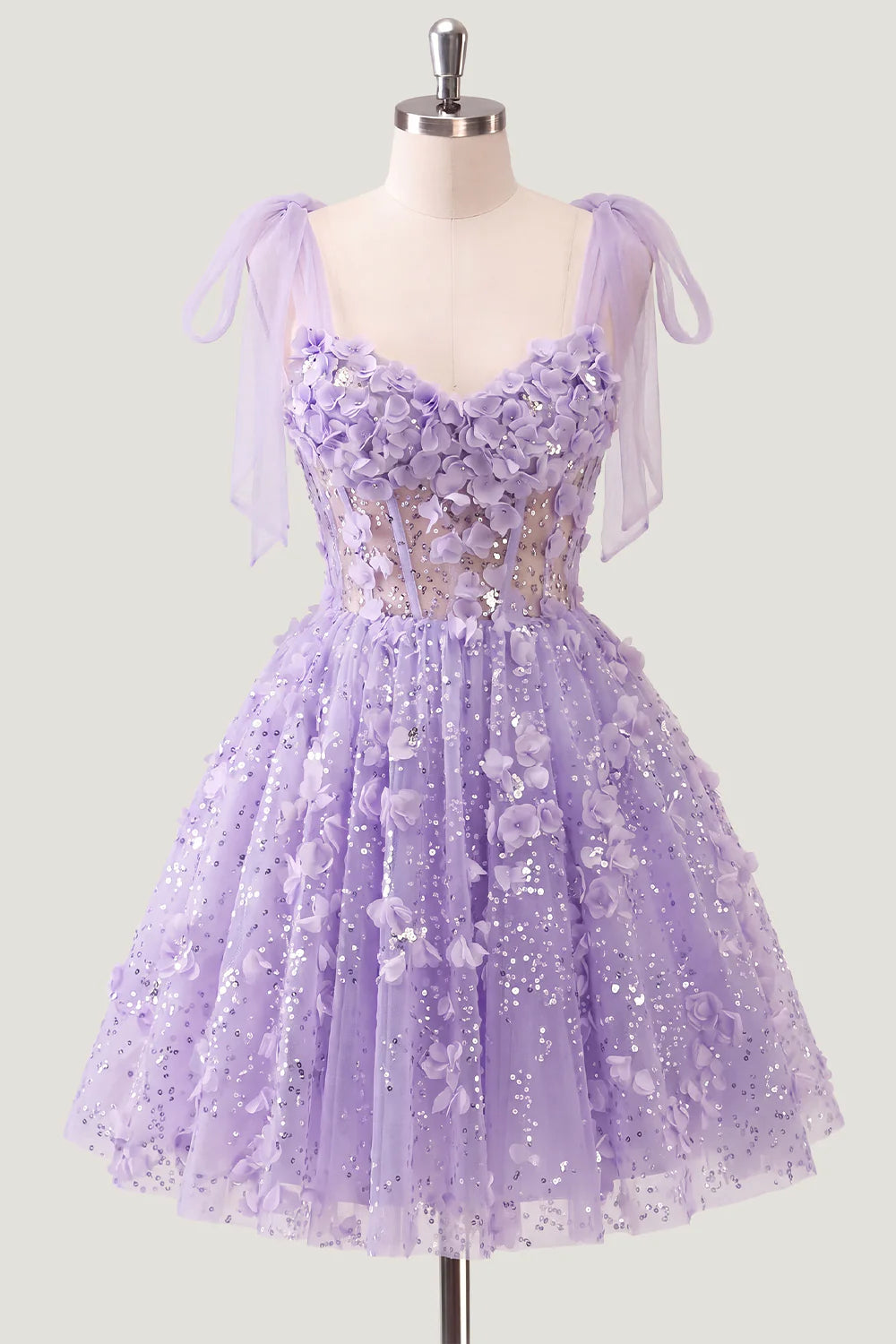 Lilac Sequin A Line Corset Short Homecoming Dress with 3D Flowers