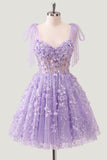 Lilac Sequin A Line Corset Short Homecoming Dress with 3D Flowers