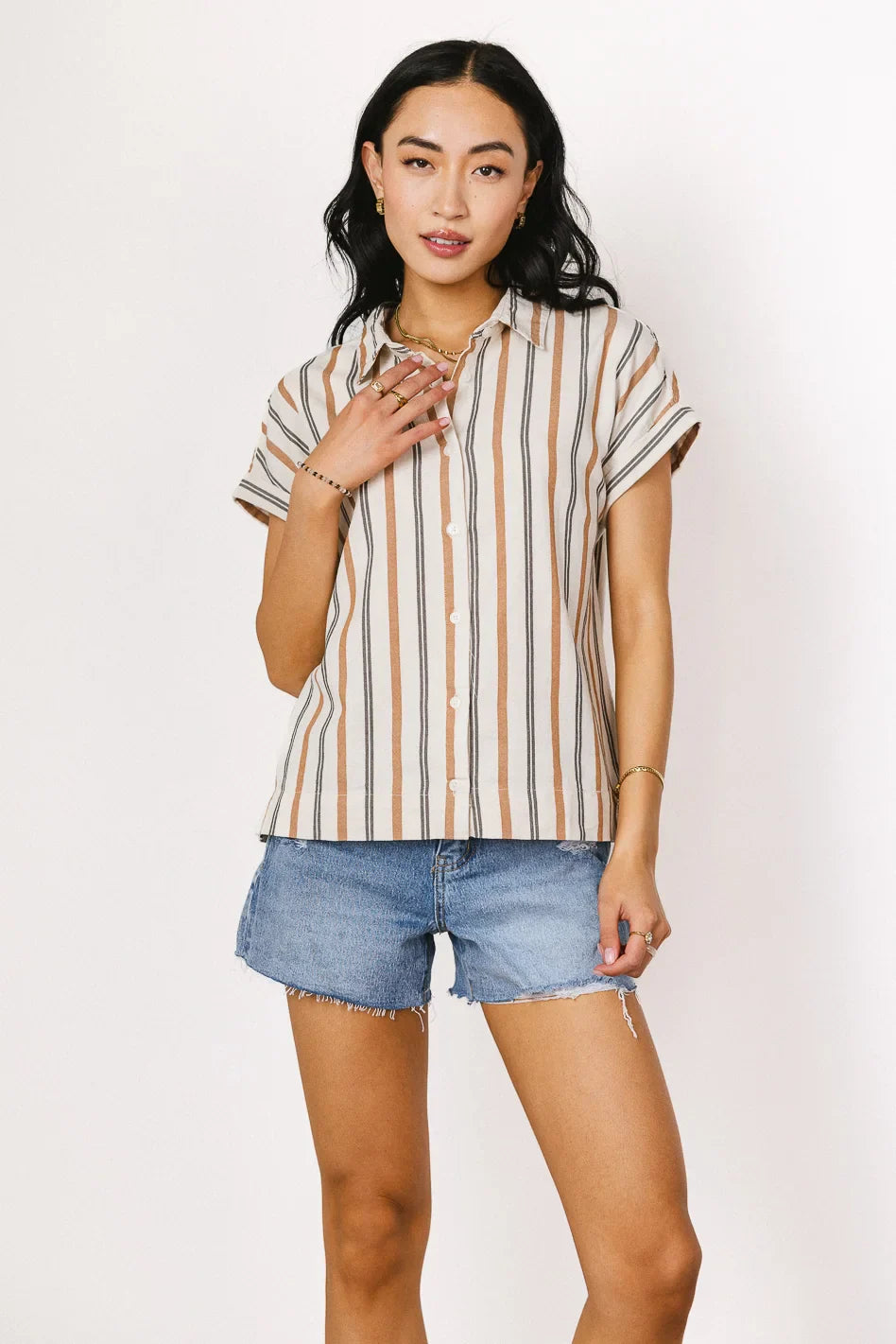Gabby Striped Button Up in Tan FINAL SALE