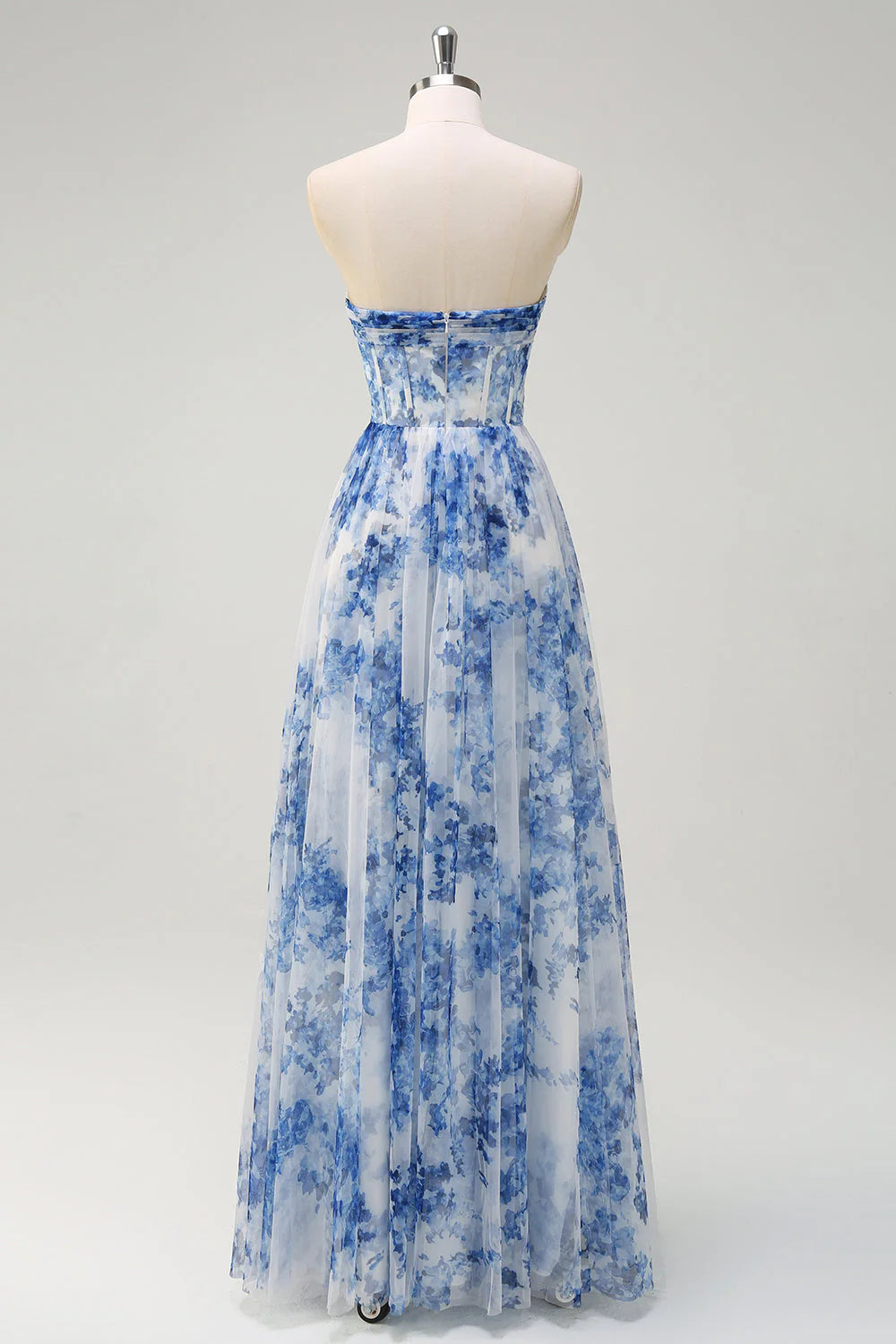 White Blue Flower A Line Off the Shoulder Ruched Corset Maxi Dress with Slit