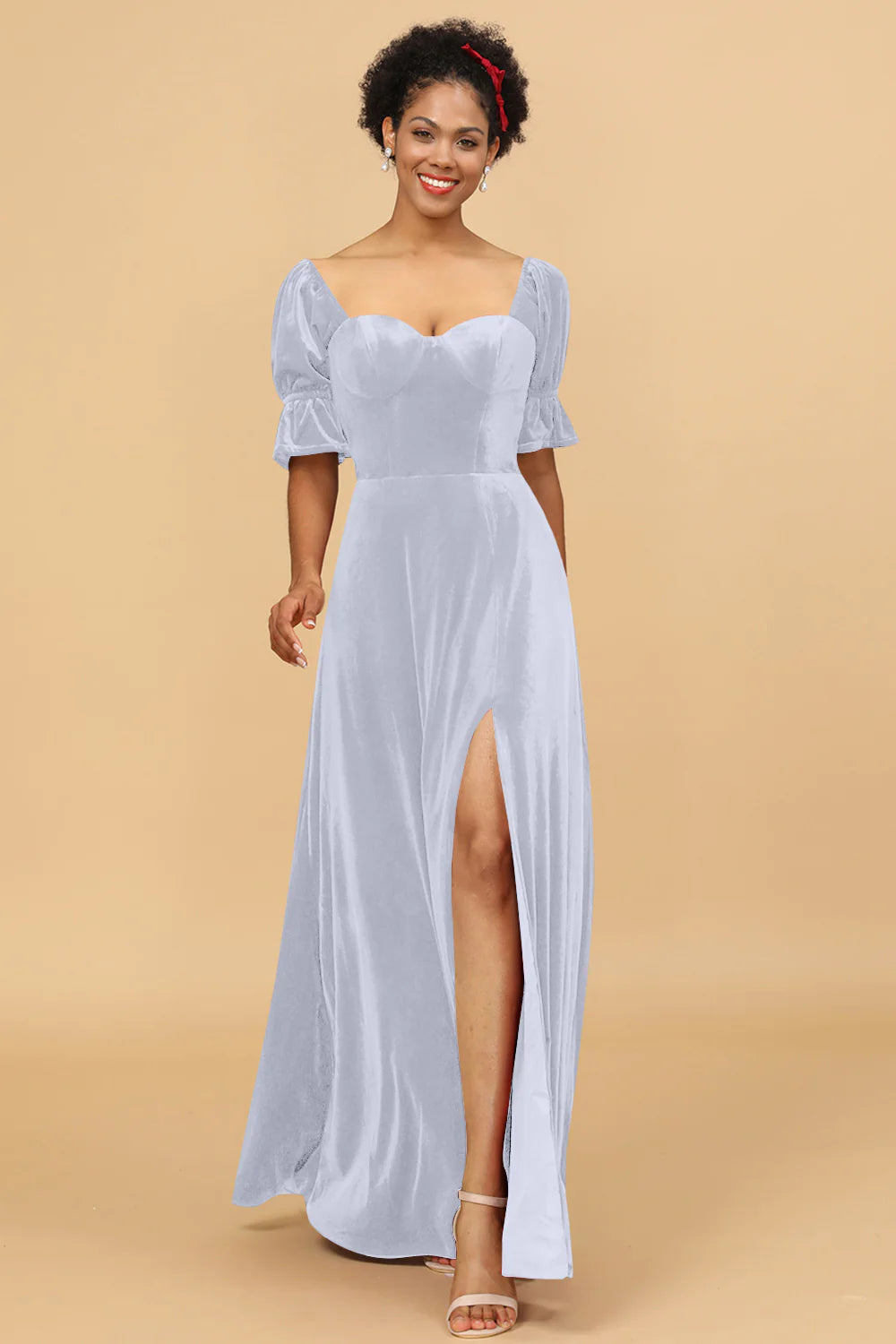 A Line Sweetheart Flare Sleeves Velvet Bridesmaid Dress with Slit