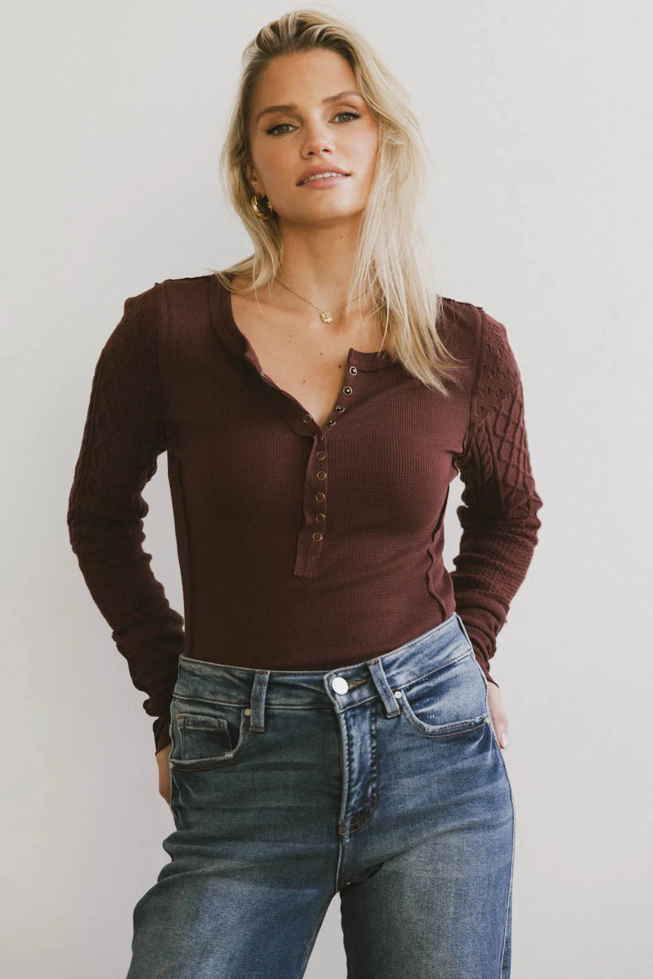 Naomi Cable Knit Sleeve Top in Red Brown FINAL SALE