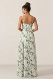 Floral Green Sheath Printed Ruched Long Bridesmaid Dress with Slit