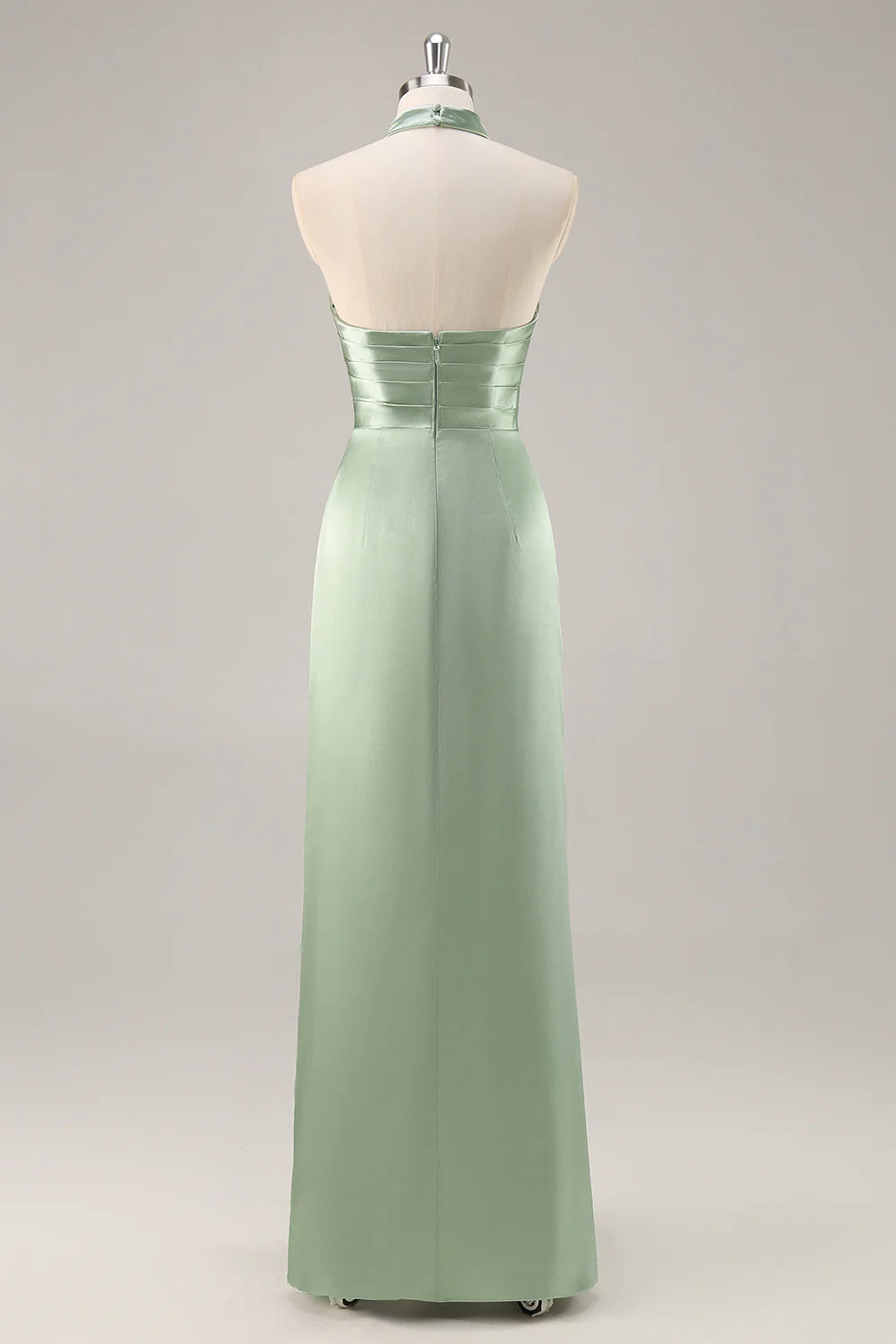 Blush Sheath Halter Satin Pleated Open Back Long Bridesmaid Dress with Slit