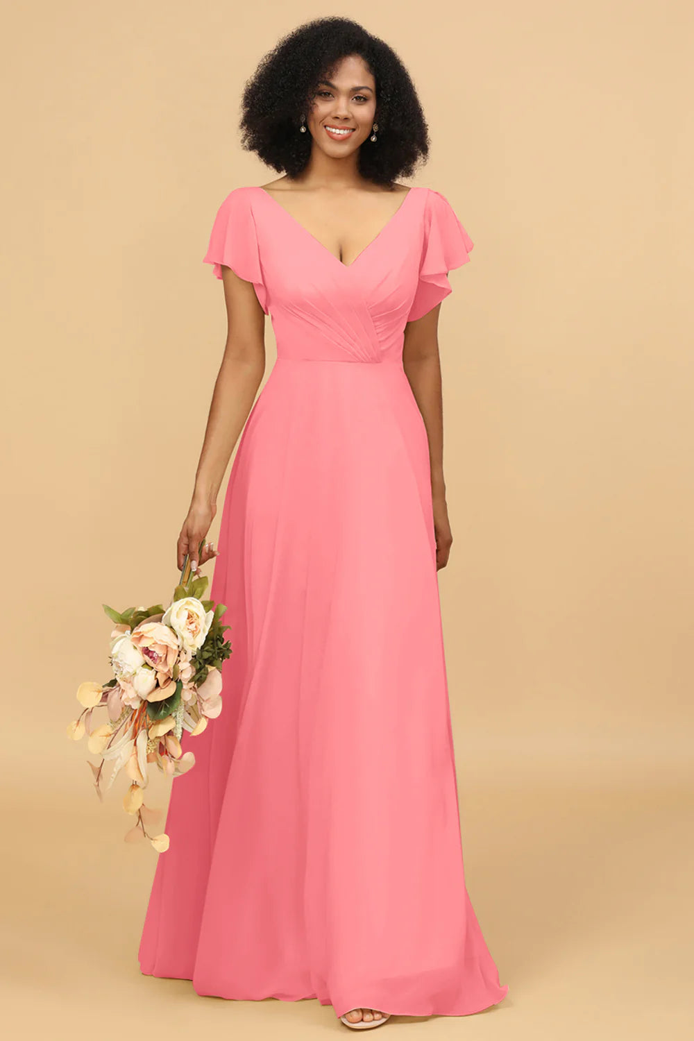 V Neck Cape Long Floor Length Chiffon Bridesmaid Dress