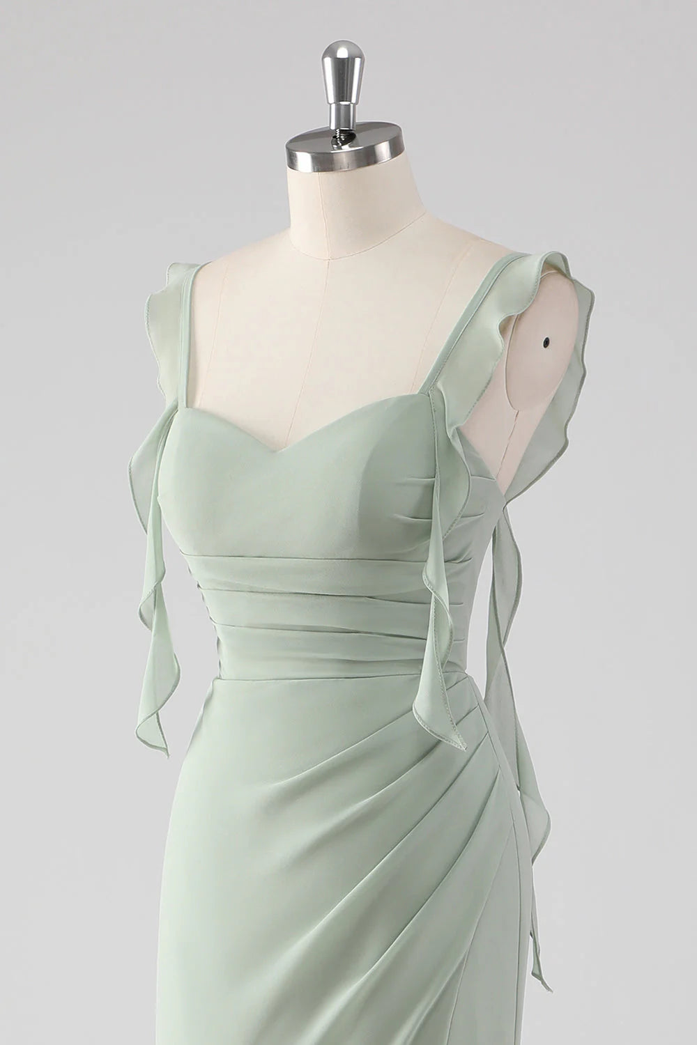 Sage Green Sheath Ruffled Lace Up Back Long Bridesmaid Dress with Slit