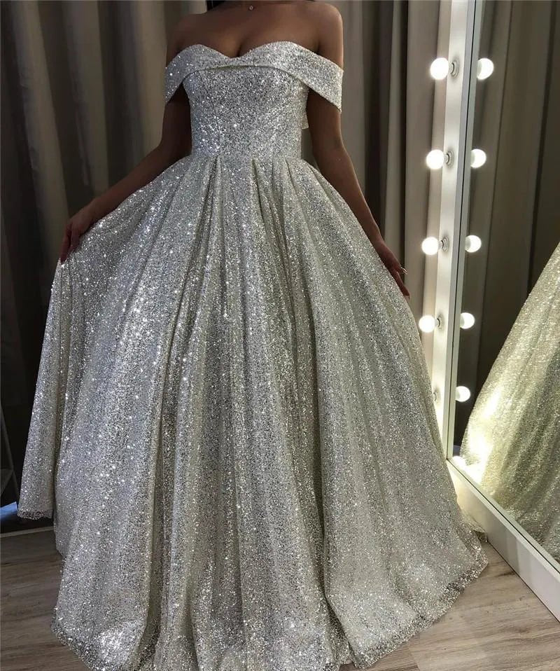Shiny Silver Sequin A Line Wedding Dresses Off the Shoulder