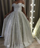Shiny Silver Sequin A Line Wedding Dresses Off the Shoulder