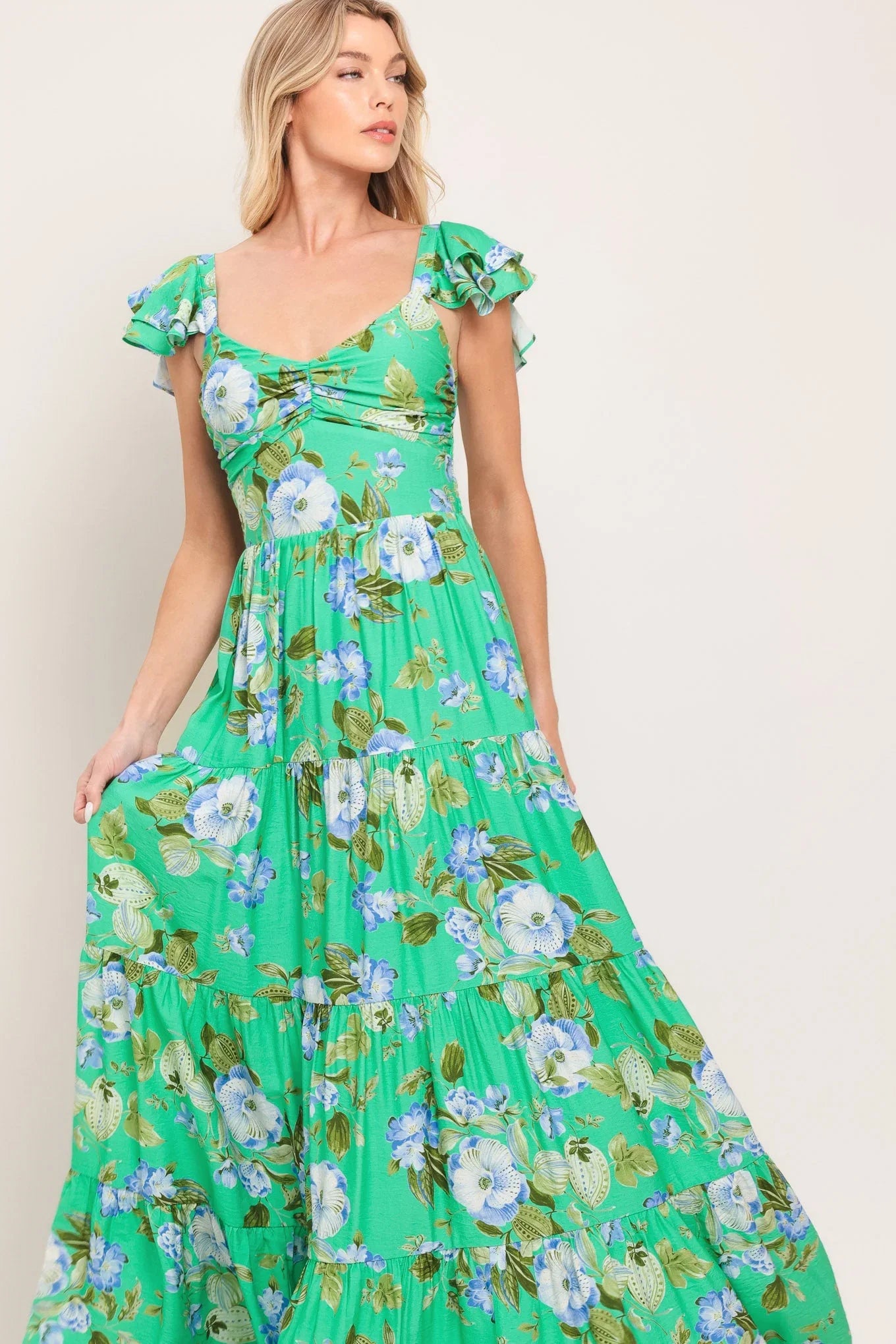 FRESH BLOSSOM GREEN FLORAL MAXI DRESS