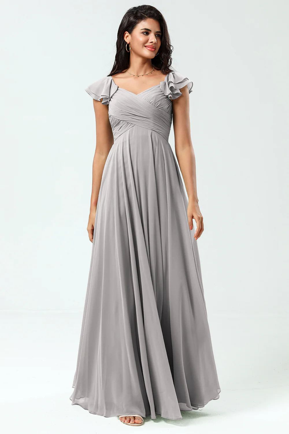 Lace Up Back Cross A Line Chiffon Bridesmaid Dress with Ruffles