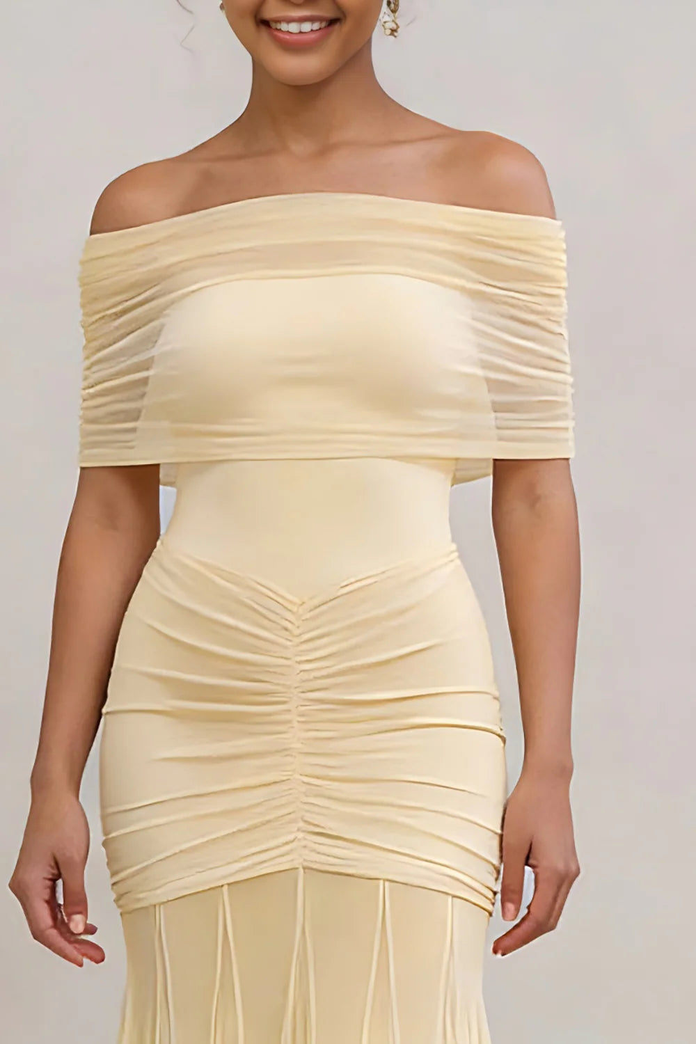 Daffodil Off the Shoulder Ruched Mermaid Long Weddding Guest Dress
