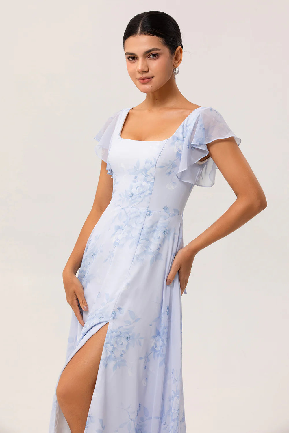 Blue Flower A Line Square Neck Chiffon Flutter Sleeves Long Bridesmaid Dress with Slit