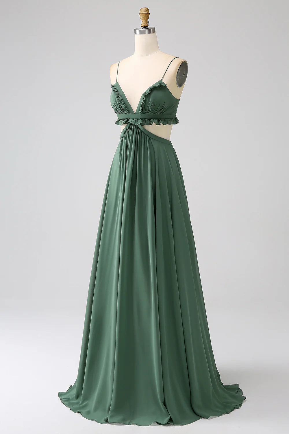 Eucalyptus A Line Spaghetti Straps Backless Chiffon Long Bridesmaid Dress
