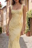 Mermaid Embroidered Yellow Square Neck Long Prom Dress with Pearls