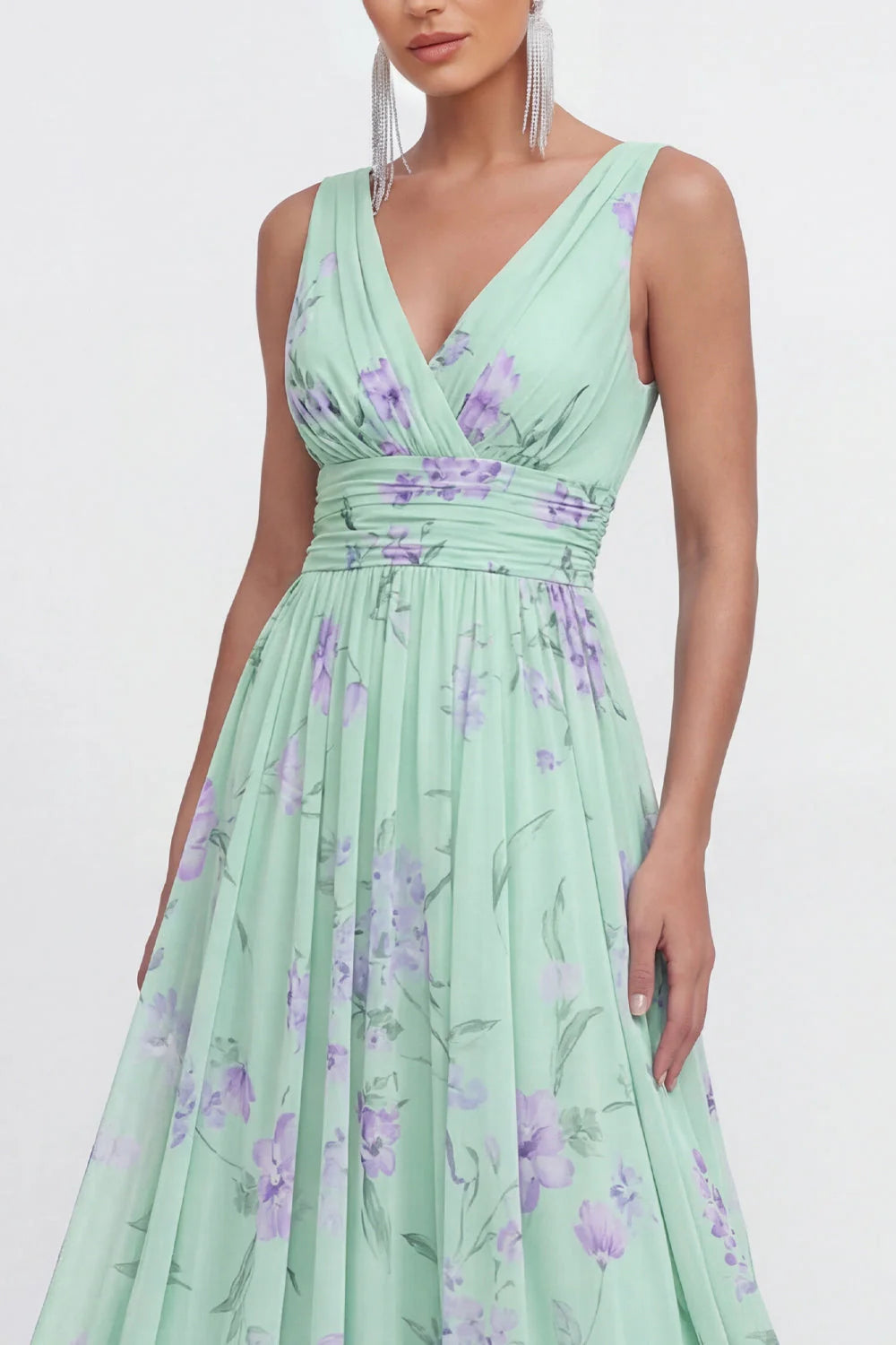 Floral A Line V Neck Sleeveless Blue Wedding Guest Dress