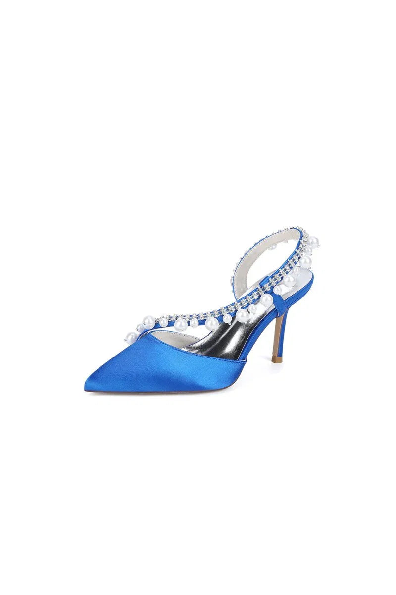 Royal Blue High Heels with Pearl and Crystal Embellishments Description