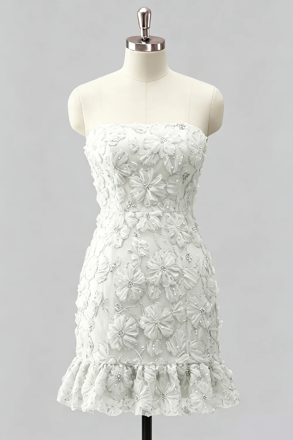 Light Blue Strapless Bodycon Beaded Short Homecoming Dress with 3D Flowers