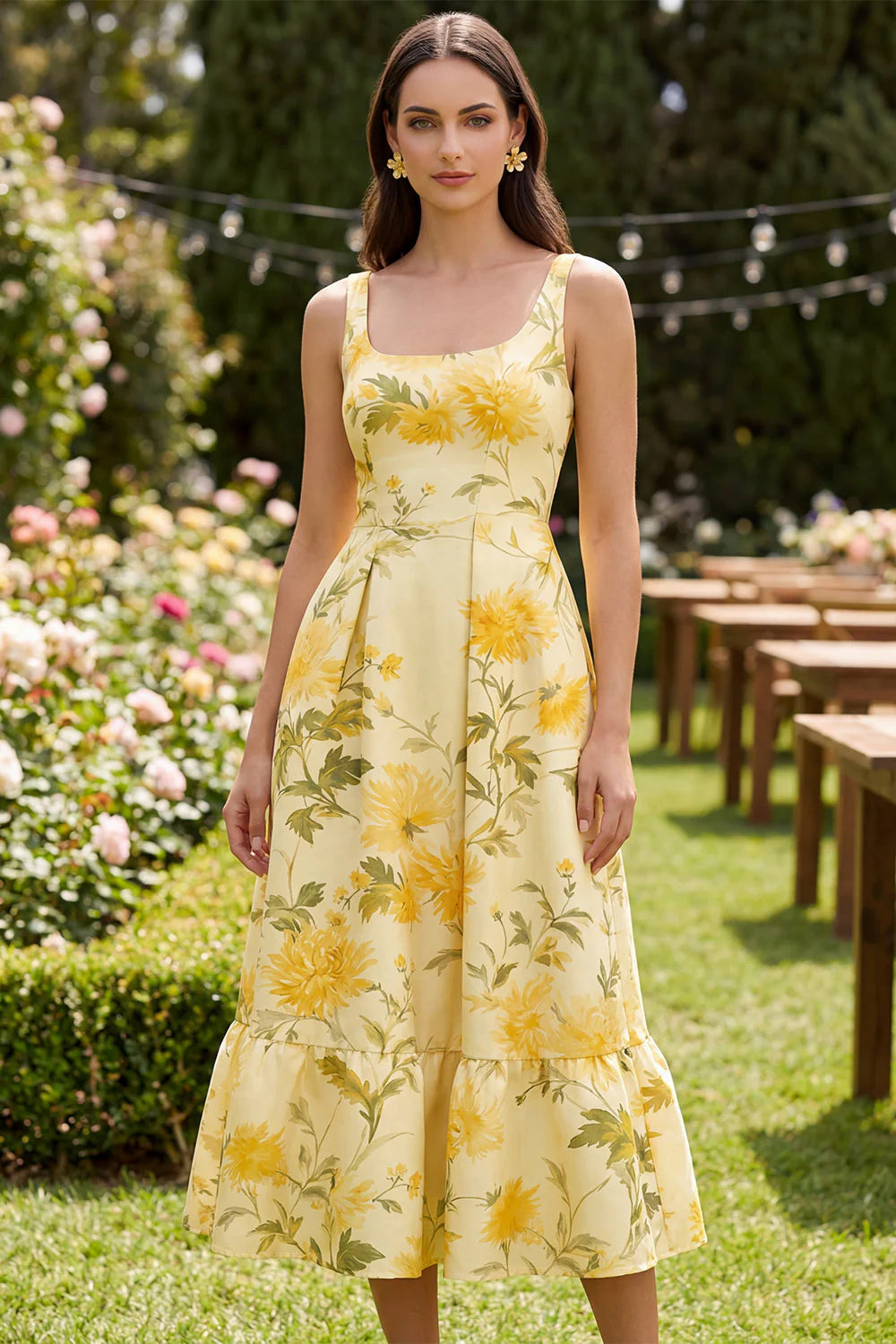 A Line Square Neck Floral Yellow Wedding Guest Dress
