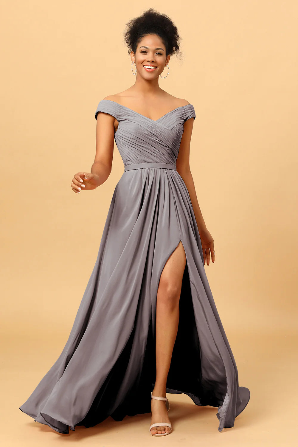 A Line Off the Shoulder Ruched Long Chiffon Bridesmaid Dress with Slit