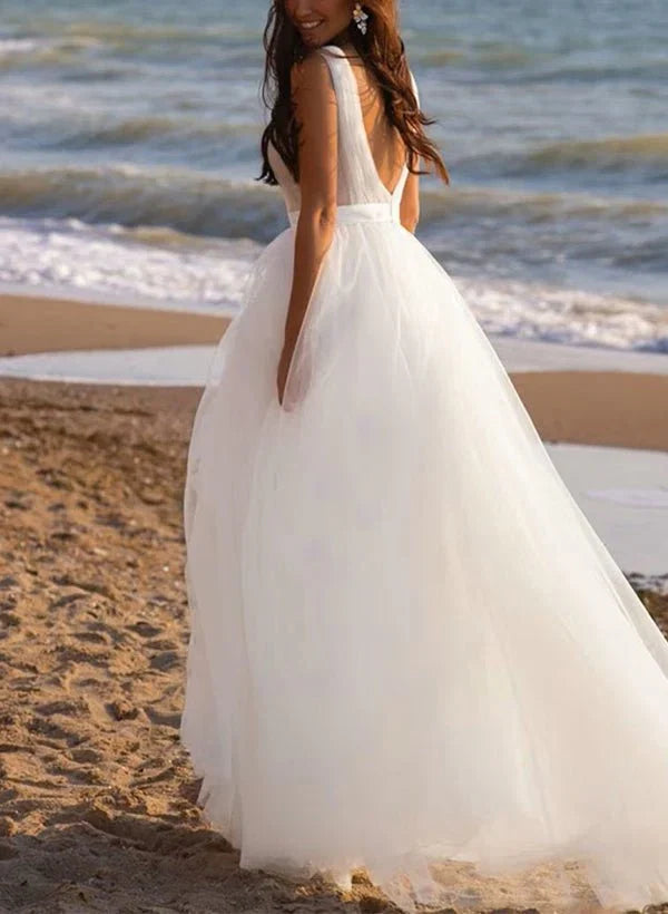 A Line Deep V neck Sleeveless Sweep Train Tulle Beach Wedding Dresses