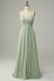 Dusty Sage A Line Spaghetti Straps Chiffon Bridesmaid Dress with Sleeveless