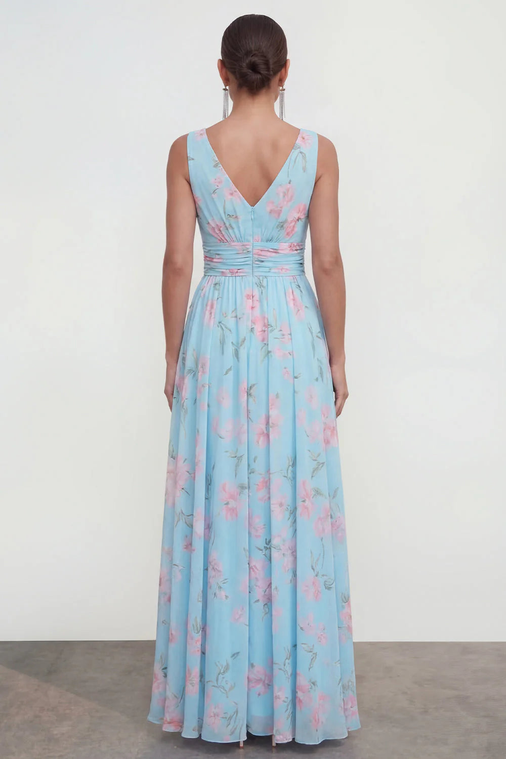 Floral A Line V Neck Sleeveless Blue Wedding Guest Dress