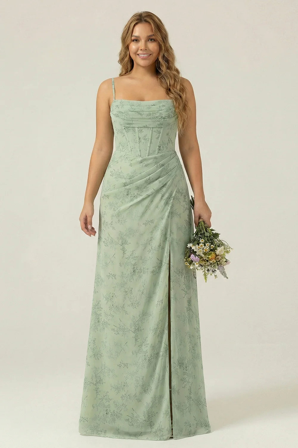Dusty Sage Sheath Spaghetti Straps Pleated Long Plus Size Bridesmaid Dress with Slit