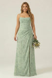 Dusty Sage Sheath Spaghetti Straps Pleated Long Plus Size Bridesmaid Dress with Slit