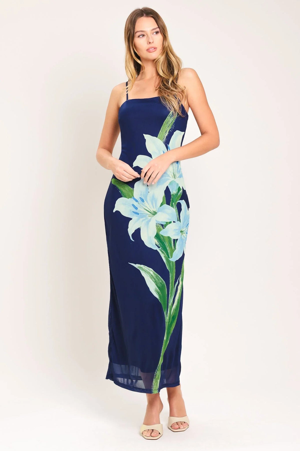 DEEP BLOOM POWER MESH MIDI DRESS