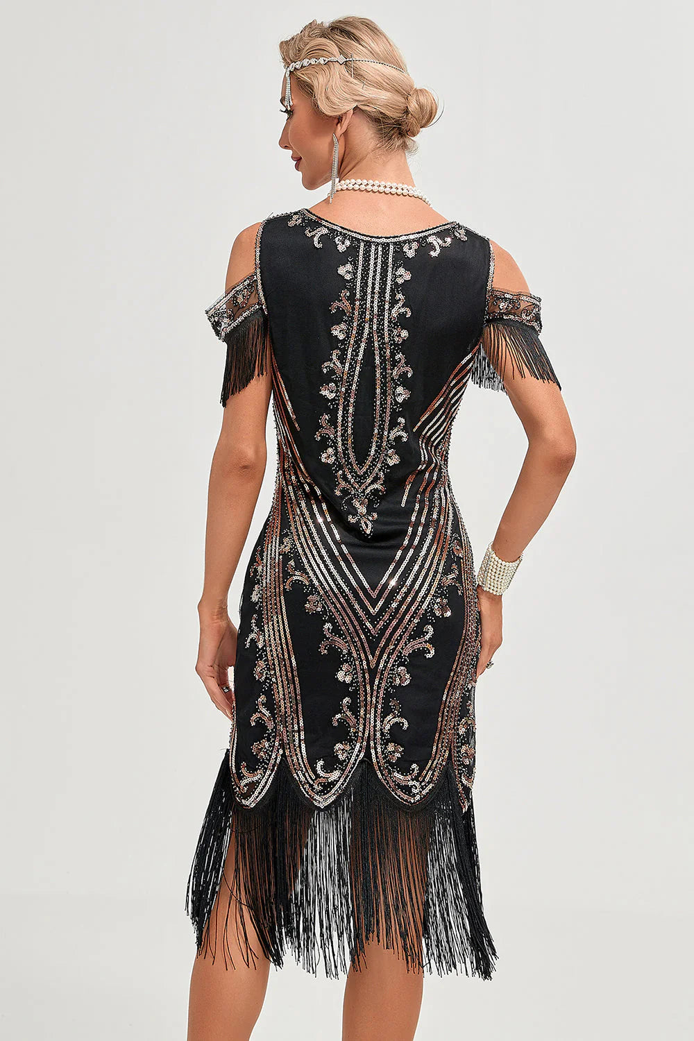 Black Cold Shoulder Sequins Fringes Flapper Gatsby Dress