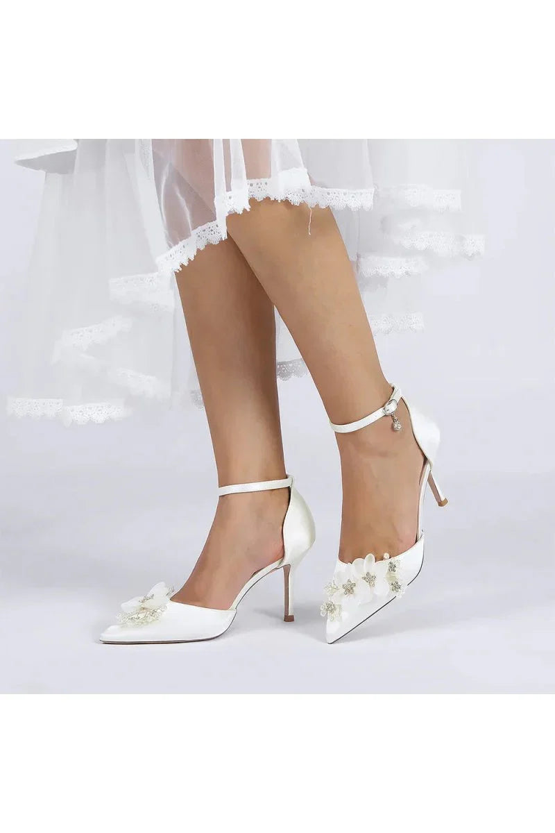 Womens Wedding Shoes Pointed Toe Ankle Strap Stiletto Heels with Rhinestone Flower