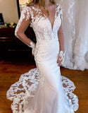 Mermaid V Neck Long Sleeves Wedding Dress With Appliques