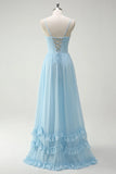 Sky Blue A Line Cowl Neck Corset Floor Length Bridesmaid Dress with Ruffle Slit