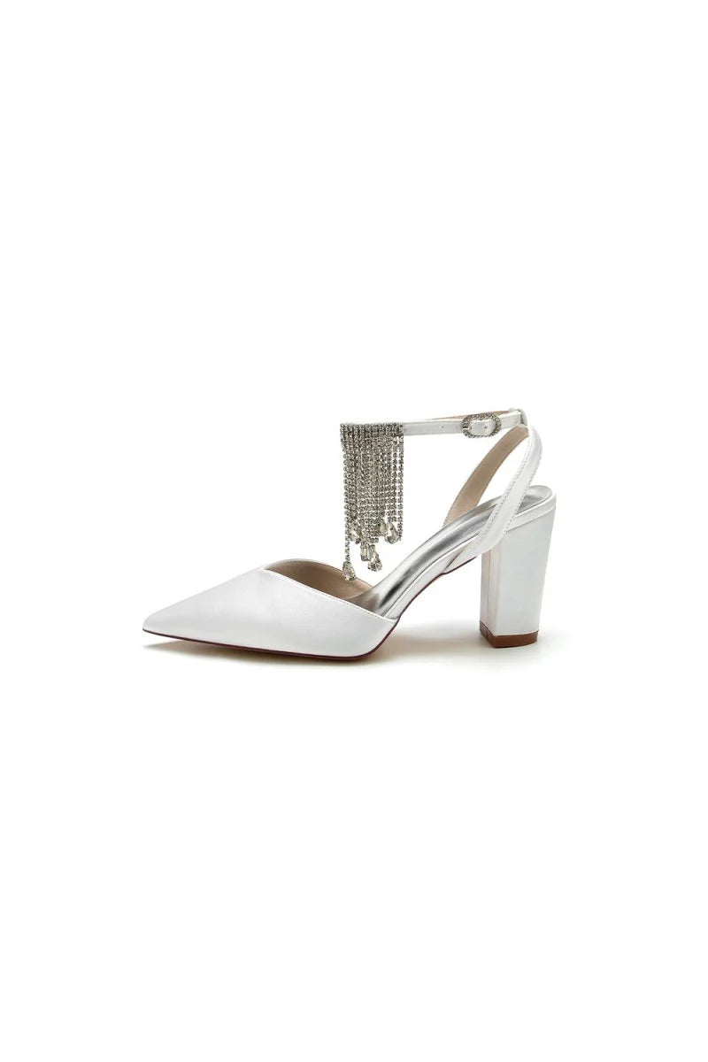 Pointed Toe Beading Tassel Satin Chunky Heels