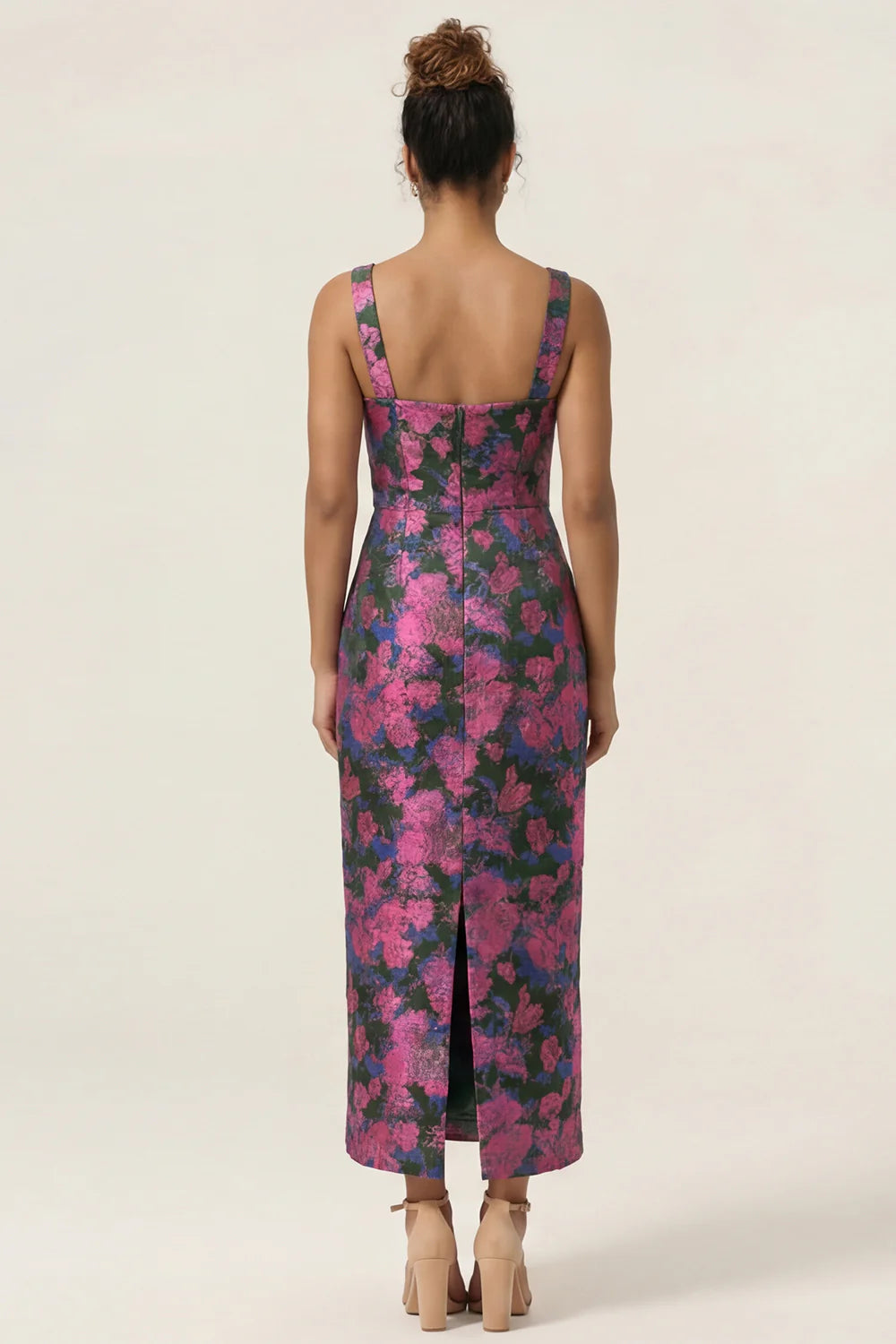 Lilac Flower Sheath Square Neck Ankle Length Wedding Guest Dress