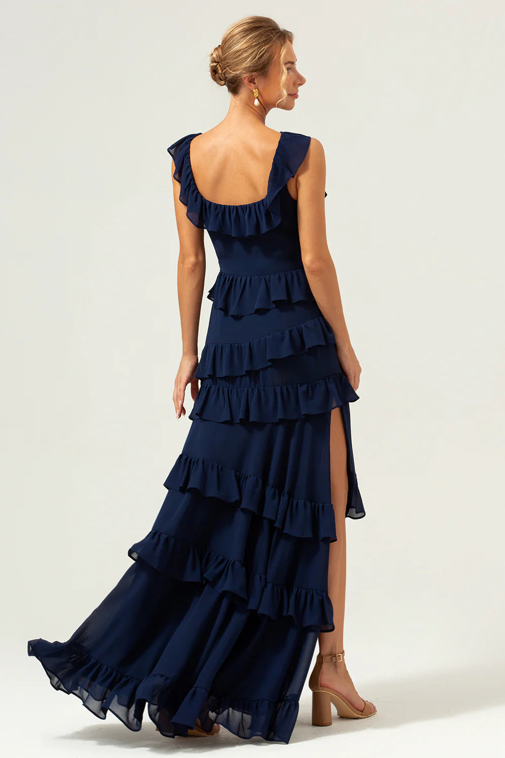 Dark Navy A Line Square Neck Tiered Long Bridesmaid Dress