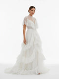 High Split A Line See through Short Sleeves Ruffle Tulle Wedding Dresses